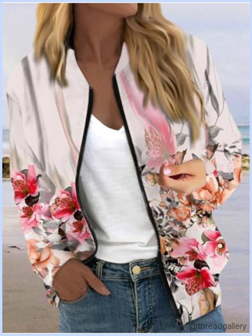 Women's Floral Print Zip Up Jacket Long Sleeve Casual Fall Coat